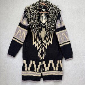 Sundance Cardigan Sweater Womens Small Navy Cream Aztec Shag Collar Knit Long